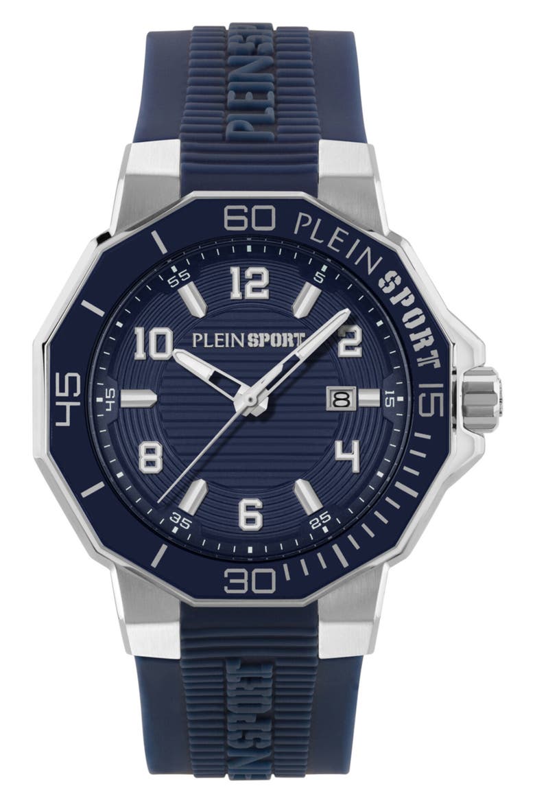 Titan Silicone Band Watch, 44mm, Main, color, STAINLESS STEEL/ BLUE