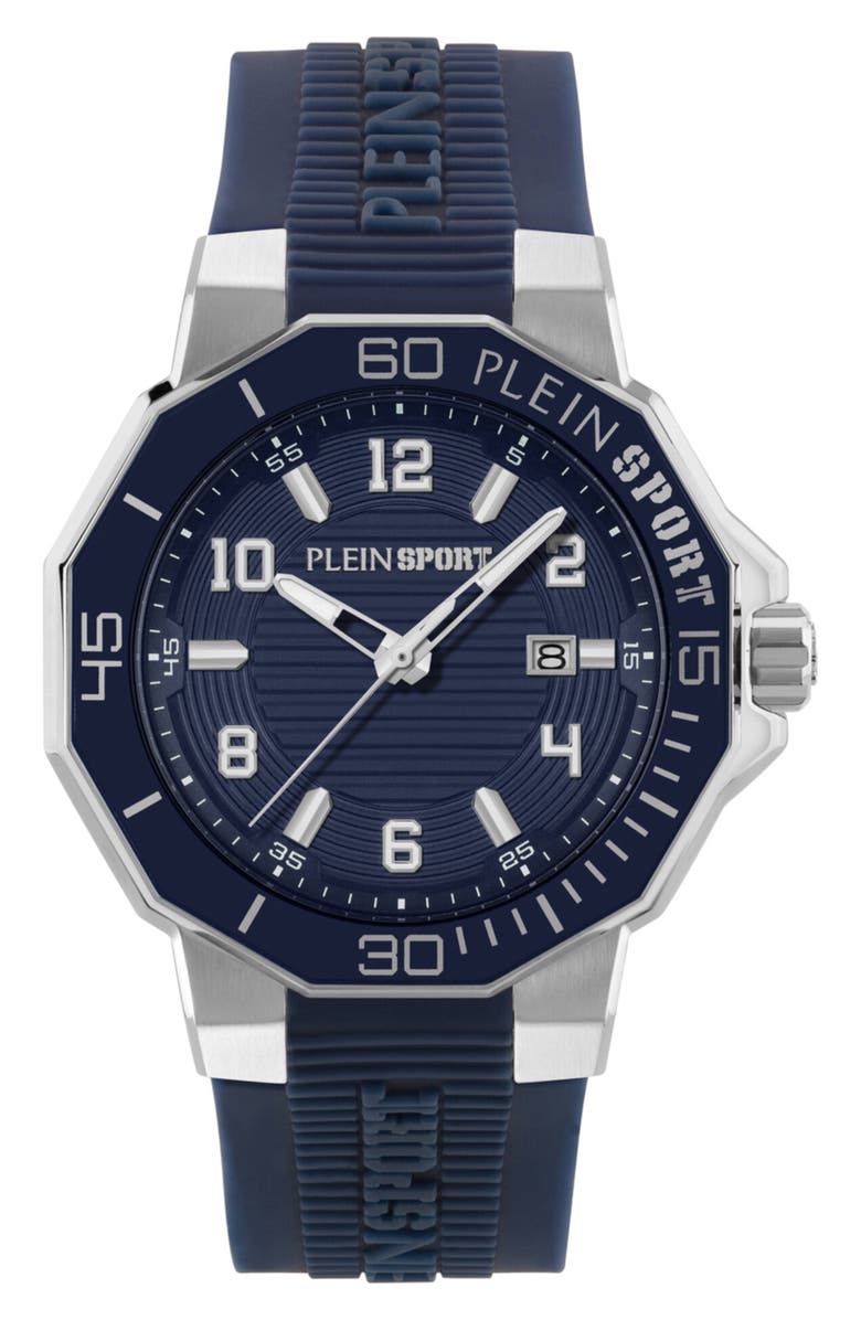 PLEIN SPORT Titan Silicone Band Watch, 44mm, Main, color, Stainless Steel/ Blue