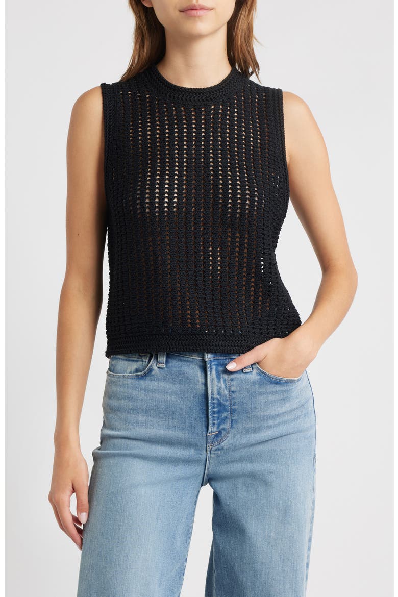 The Crochet Mercerized Cotton Tank, Main, color, BLACK