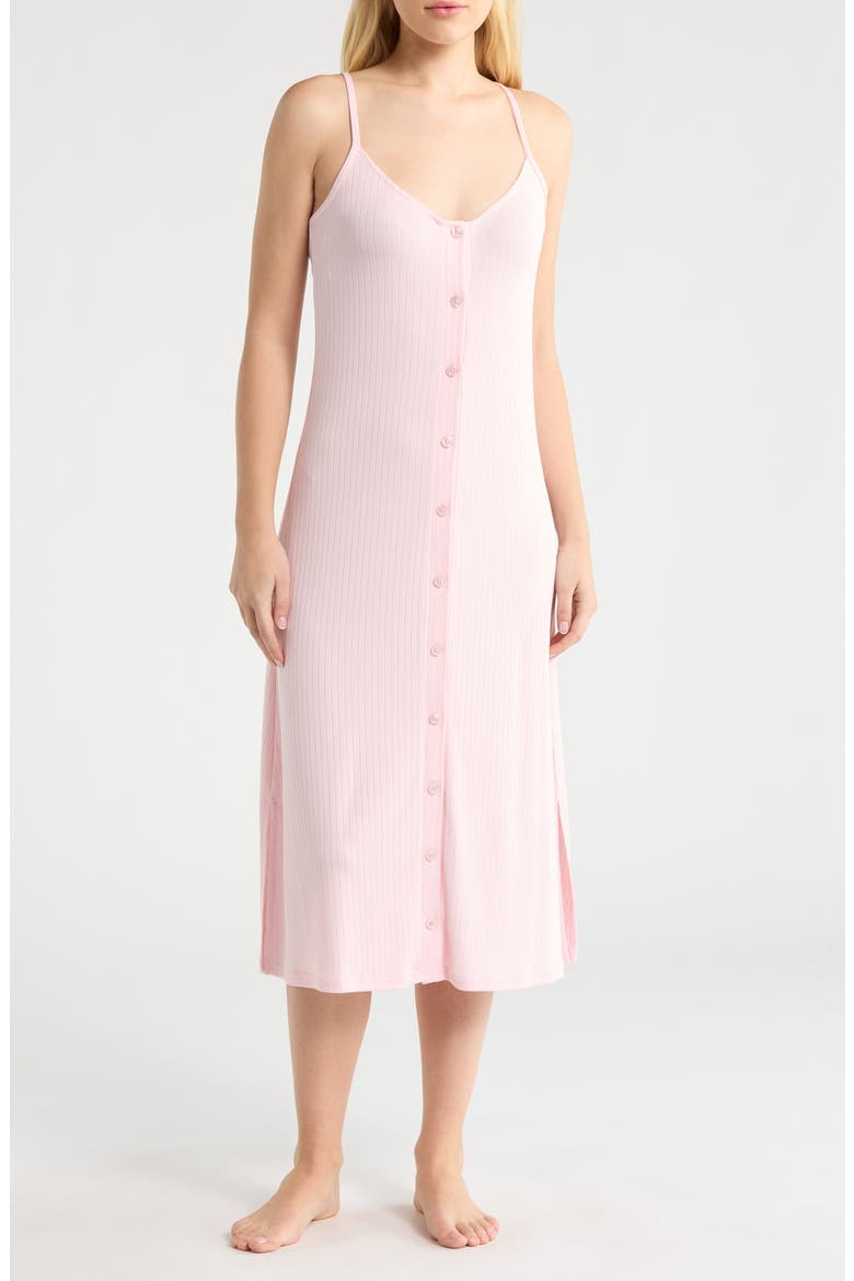 Rib Button Front Nightgown, Main, color, ICY PINK