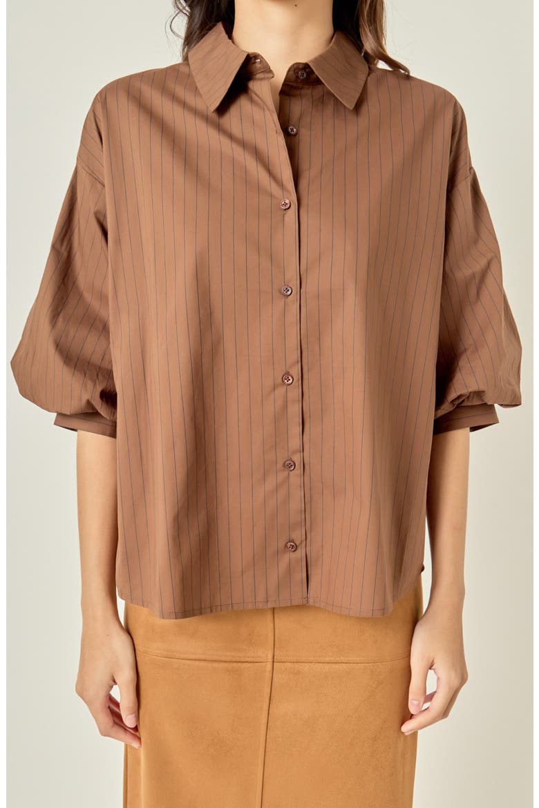 Pinstripe Balloon Sleeve Cotton Shirt, Alternate, color, BROWN