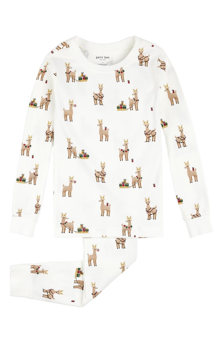 Petit Lem Kids' Reindeer Holiday Print Fitted Organic Cotton Two-Piece Pajamas, Main, color, 