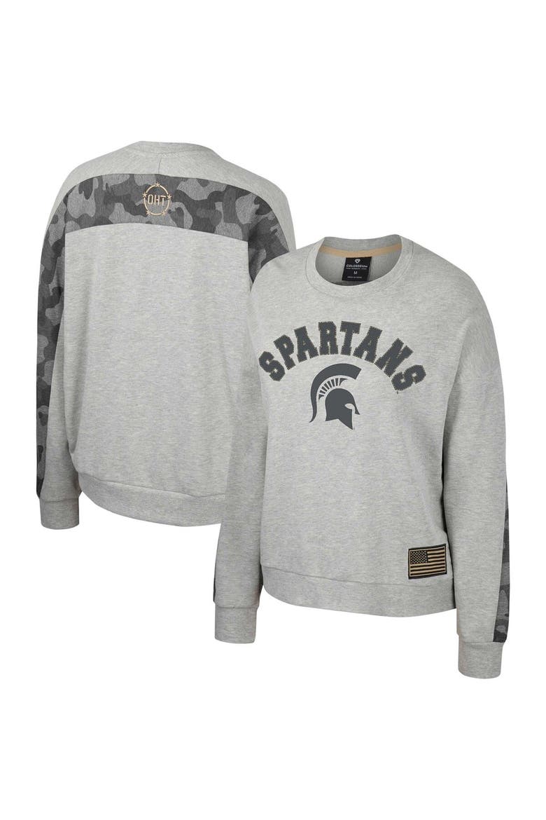 Women's Colosseum Heather Gray Michigan State Spartans OHT Military Appreciation Flag Rank Dolman Pullover Sweatshirt, Alternate, color, Heather Gray