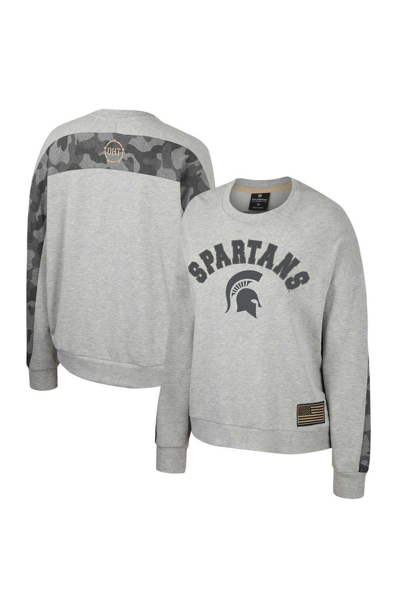COLOSSEUM Women's Colosseum Heather Gray Michigan State Spartans OHT Military Appreciation Flag Rank Dolman Pullover Sweatshirt, Alternate, color, Heather Gray
