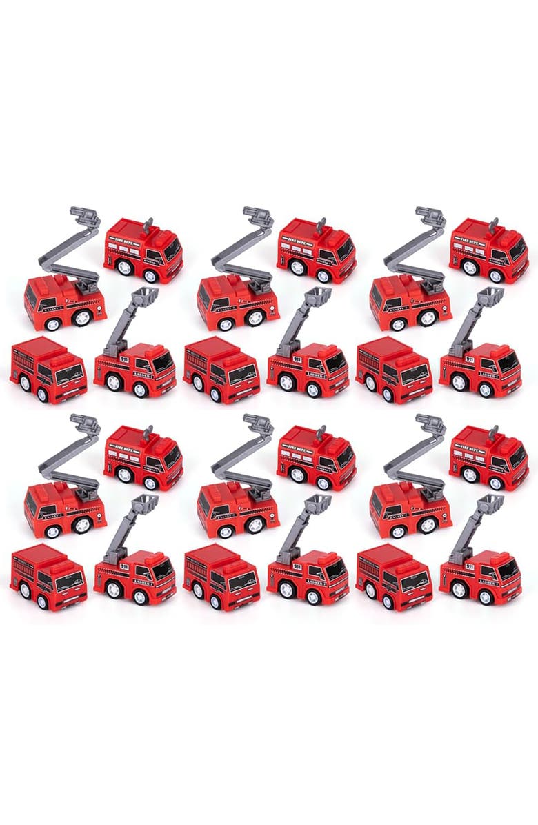 ArtCreativity Mini Pullback Fire Trucks 24 Pack, 4 Designs, Red Rescue Vehicles, Main, color, Multicolored