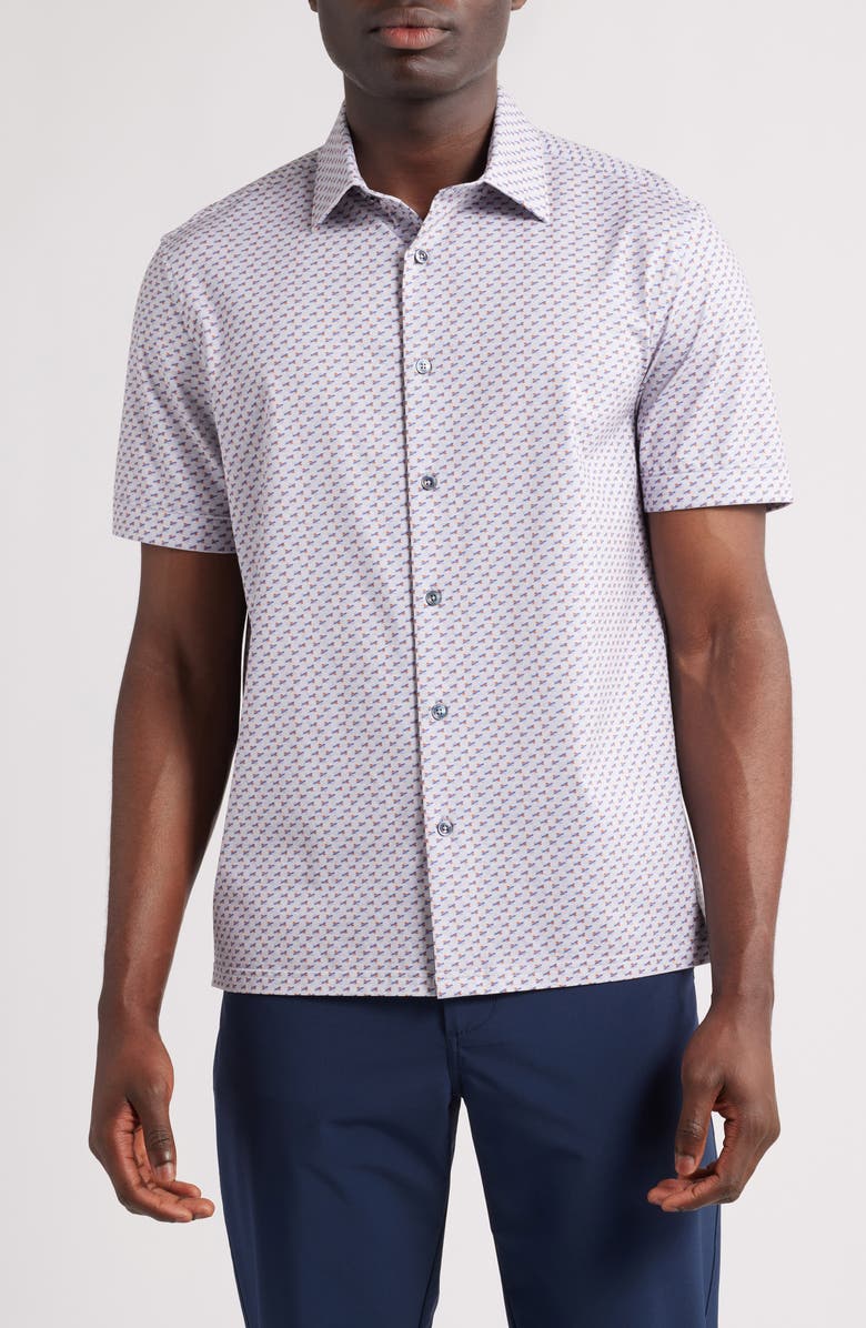 Bugatchi Miles OoohCotton<sup>®</sup> Geometric Print Short Sleeve Button-Up Shirt, Main, color, Cement
