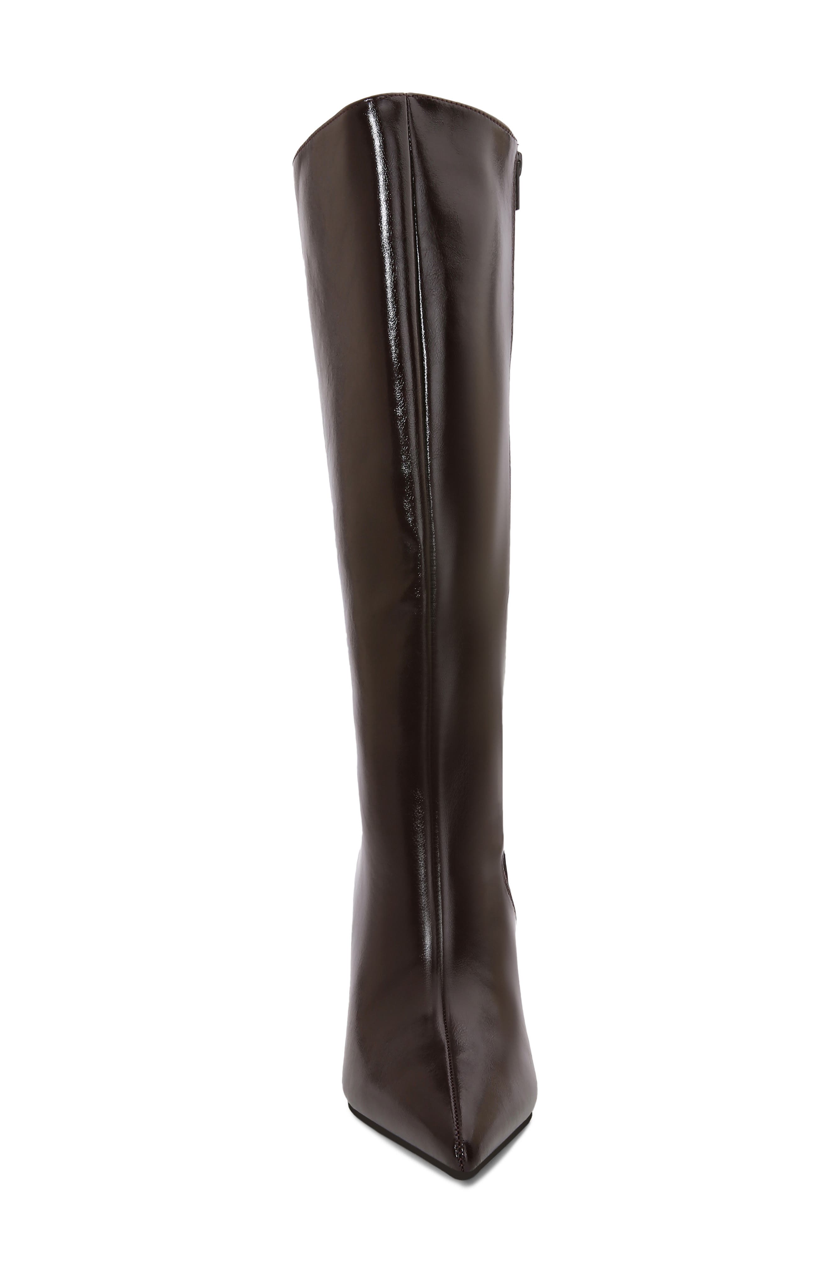Babs Stiletto Knee High Faux Leather Boot, Alternate, color, BROWN
