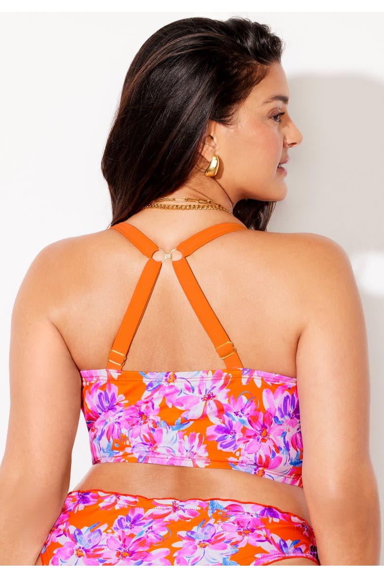 Longline Bra Sized Lettuce Trim Bikini Top, Alternate, color, Tangerine Floral