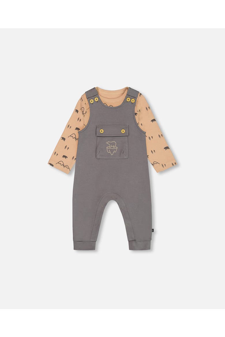 Baby Boy's Organic Cotton Printed Bodysuit And Overall Set Dark Gray With Mountains, Main, color, Printed Bear & Mountains
