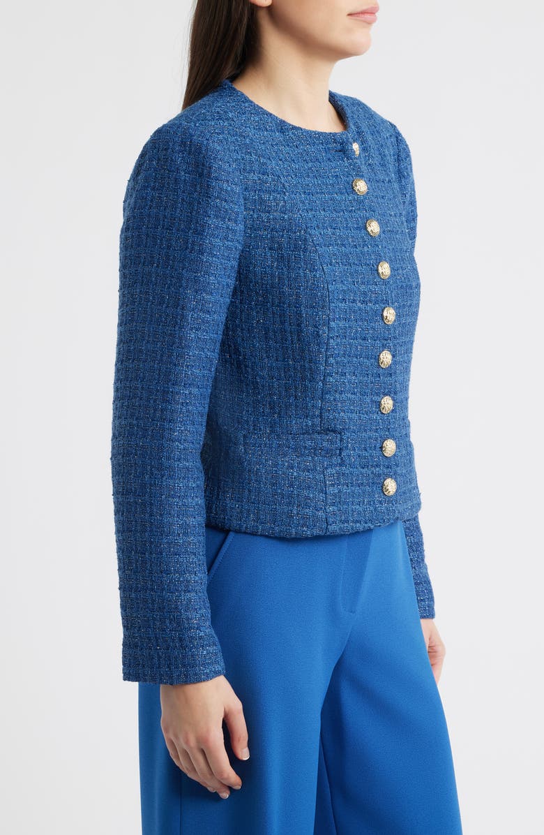 Tahari ASL Metallic Tweed Collarless Jacket, Alternate, color, Riverside Blue