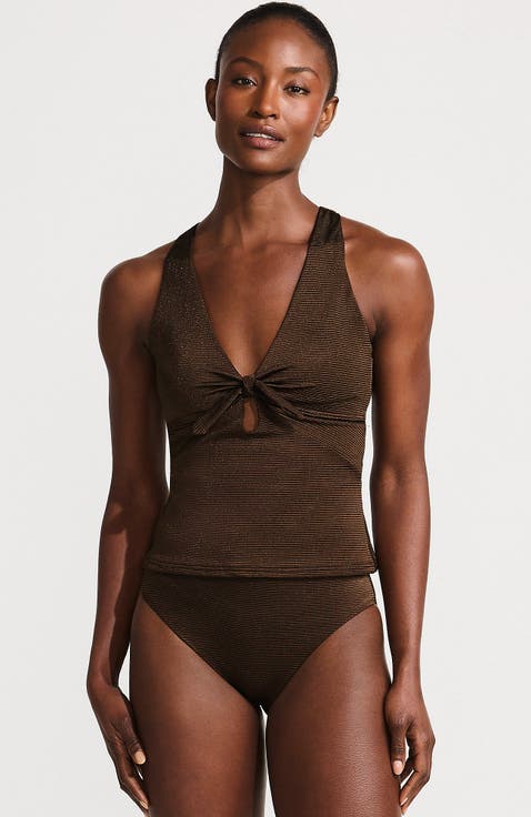 Shine Ribbed Tankini Top and High Waisted Bottom Swimsuit Set
