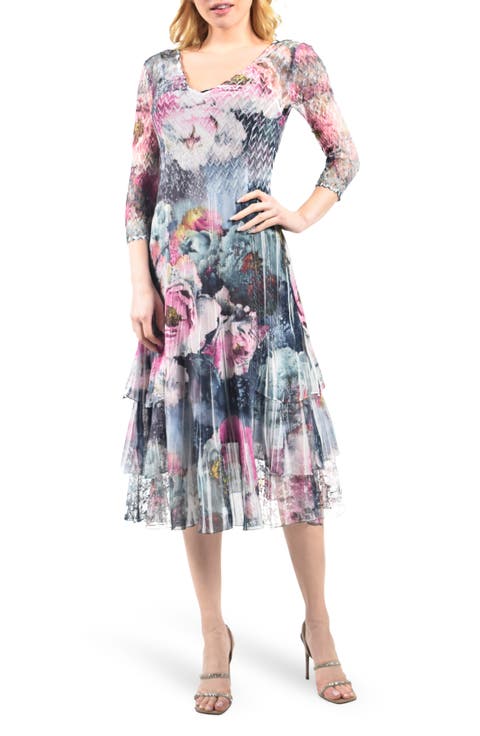 Floral Charmeuse & Chiffon Cocktail Midi Dress