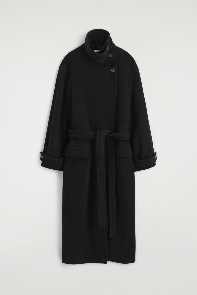 Belted Wool-Blend Mock-Neck Coat, Alternate, color, BLACK