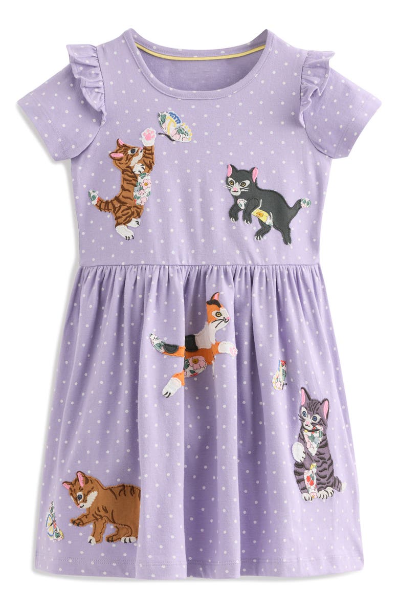 Mini Boden Kids' Dot Print Kitten Appliqué Cotton Jersey Dress, Main, color,