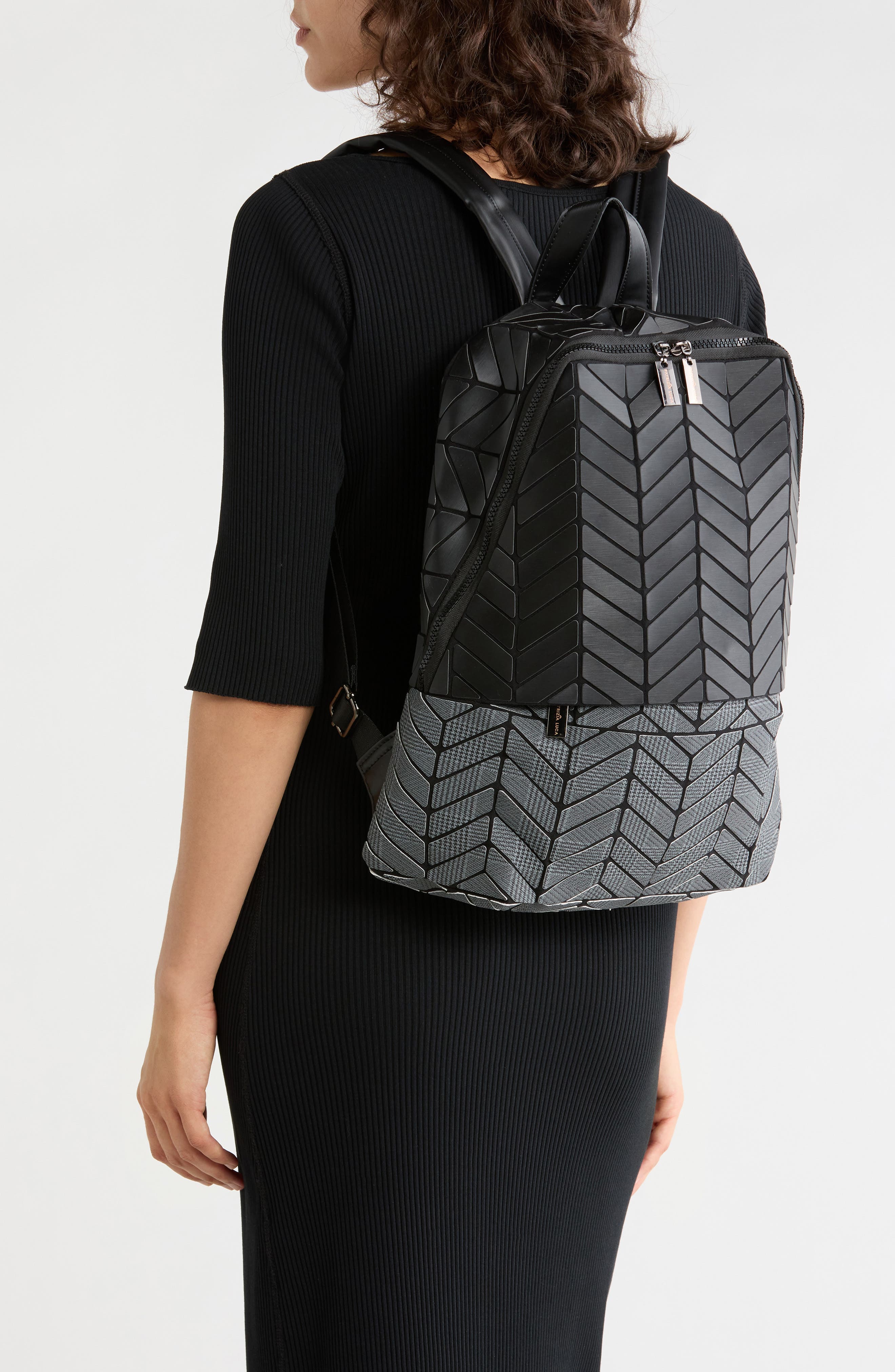Printed Chevron Backpack, Alternate, color, BLK/ WHT PLAID