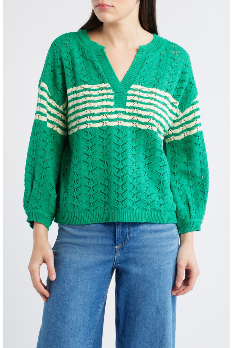 Pointelle Stripe Sweater, Main, color, GOLF GREEN/ IVORY
