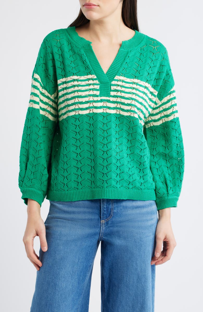 Wit & Wisdom Pointelle Stripe Sweater, Main, color, Golf Green/ Ivory