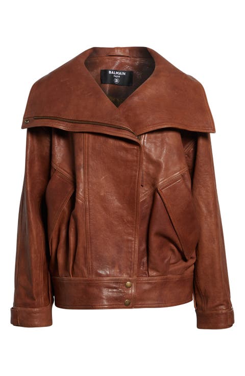 High Collar Leather Bomber Jacket