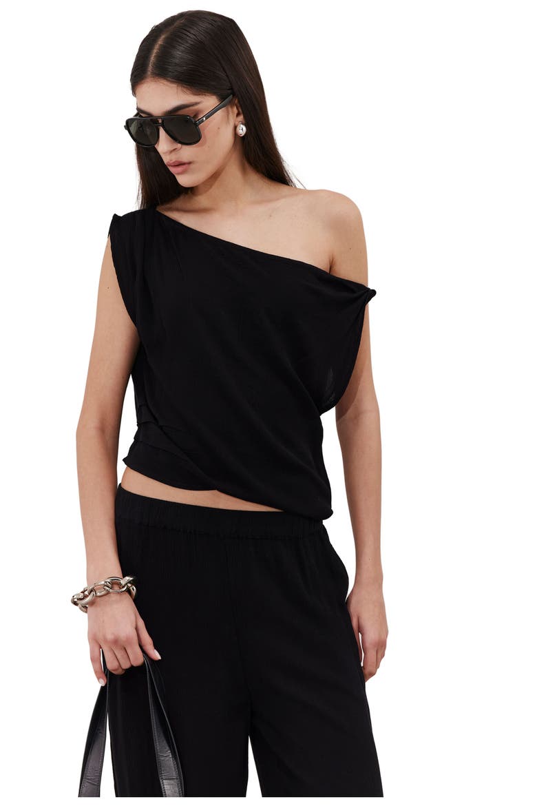 Solena Crêpe One Shoulder Beach Shirt Cover-Up, Main, color, Black