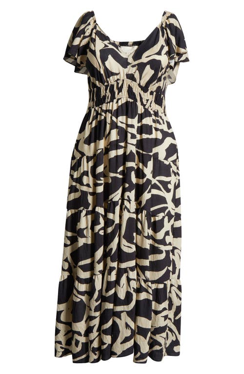 Melloday Printed Shirred Waist Tiered Maxi Sundress In Black Ivory
