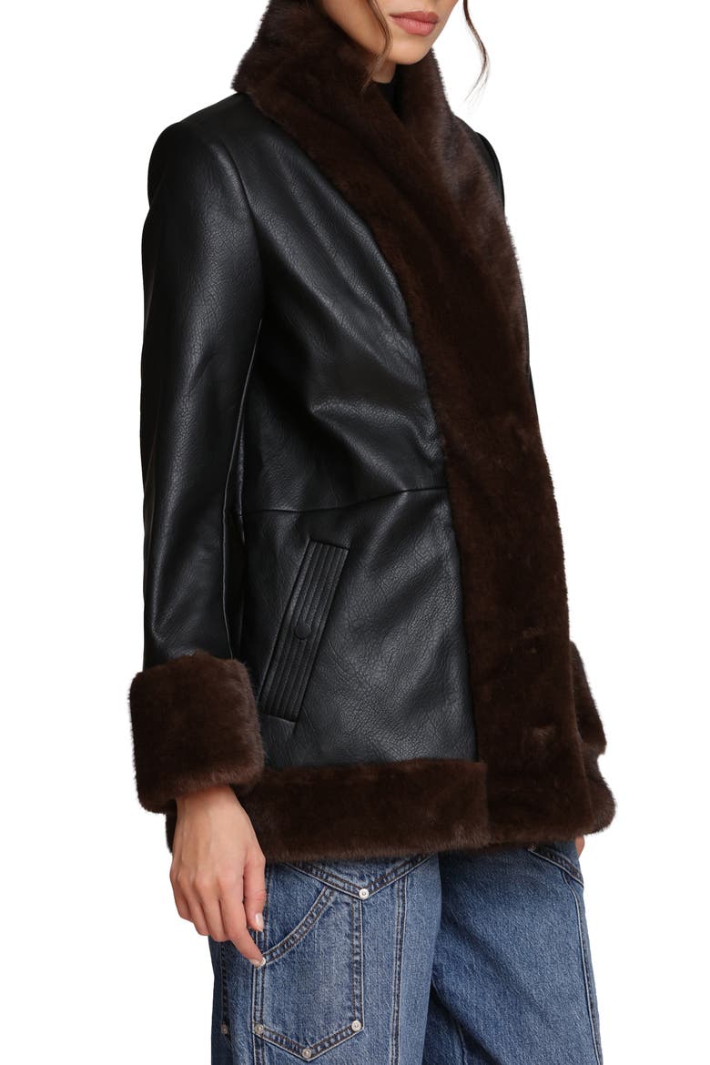 Faux Leather Coatigan With Faux Fur Trim, Alternate, color, BLACK