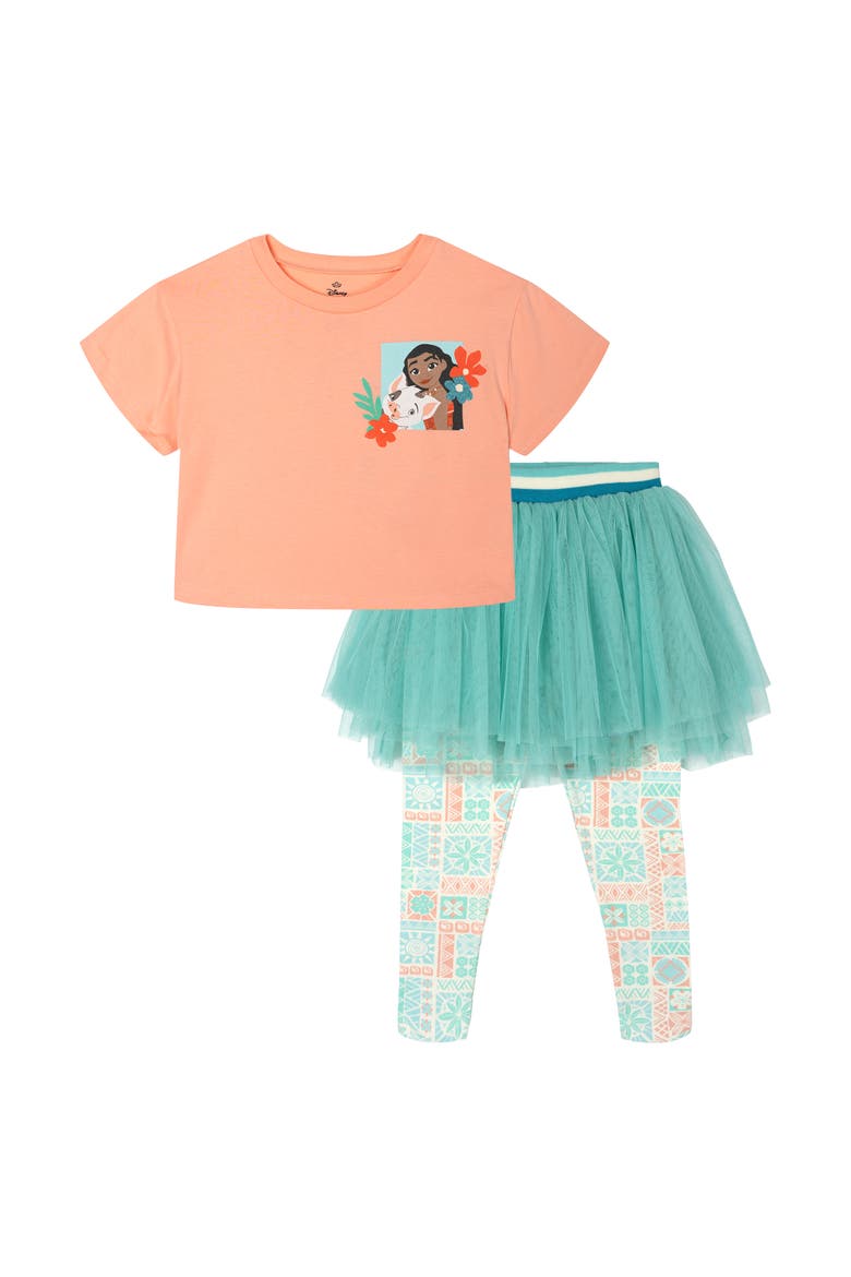 Moana Glitter T-Shirt and Tutu Leggings Set, Main, color, Moana Coral Teal