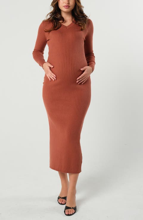 Women's Maxi Maternity & Nursing V-Neck Sweater Dress in Cotton Knit