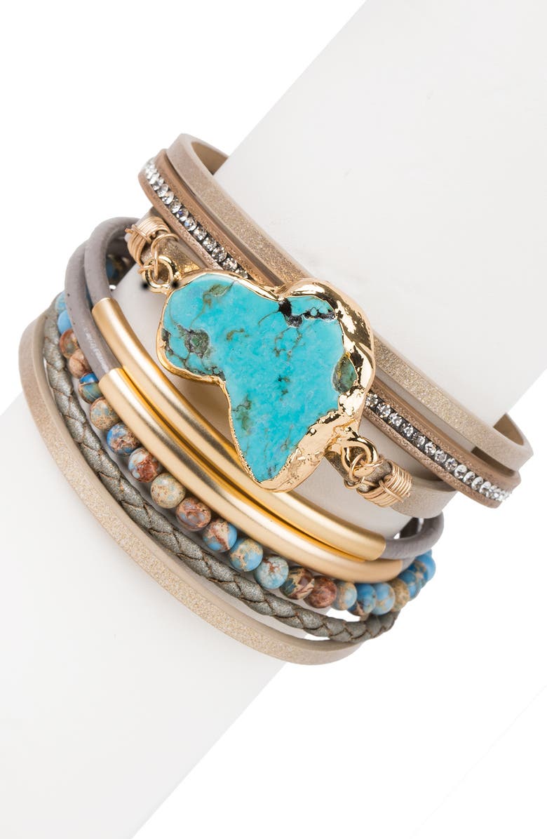 SAACHI Turquoise Stone Multistrand Leather Magnetic Bracelet, Alternate, color, Taupe