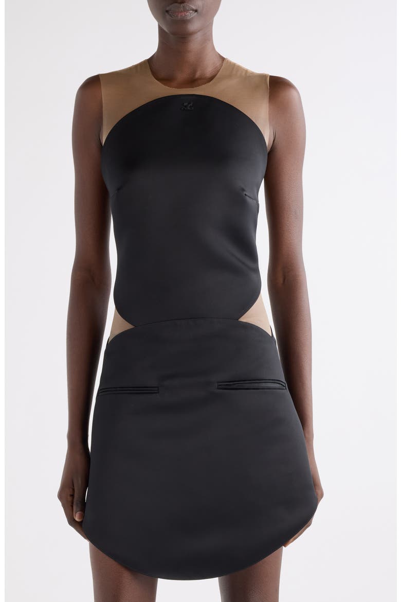 Illusion Inset Circle Satin Bodysuit, Main, color, BLACK