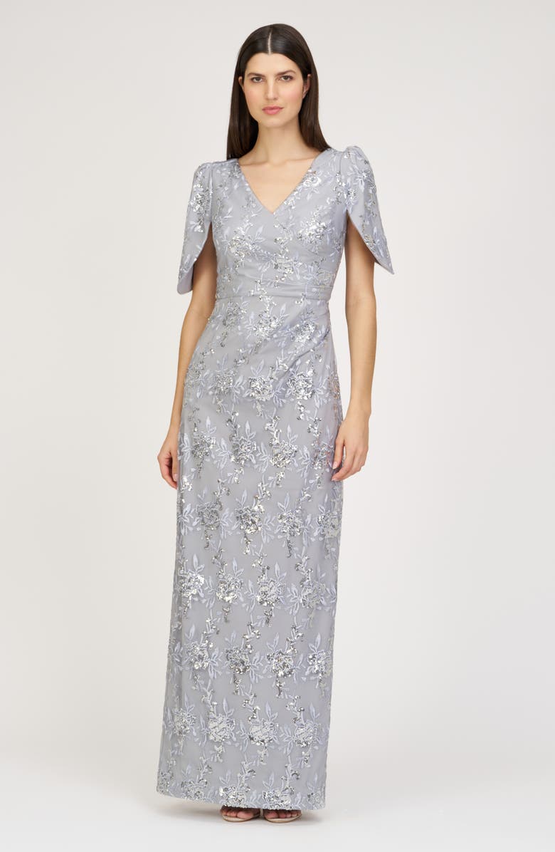 JS Collections Elena Floral Embroidered Column Gown, Alternate, color, Silver