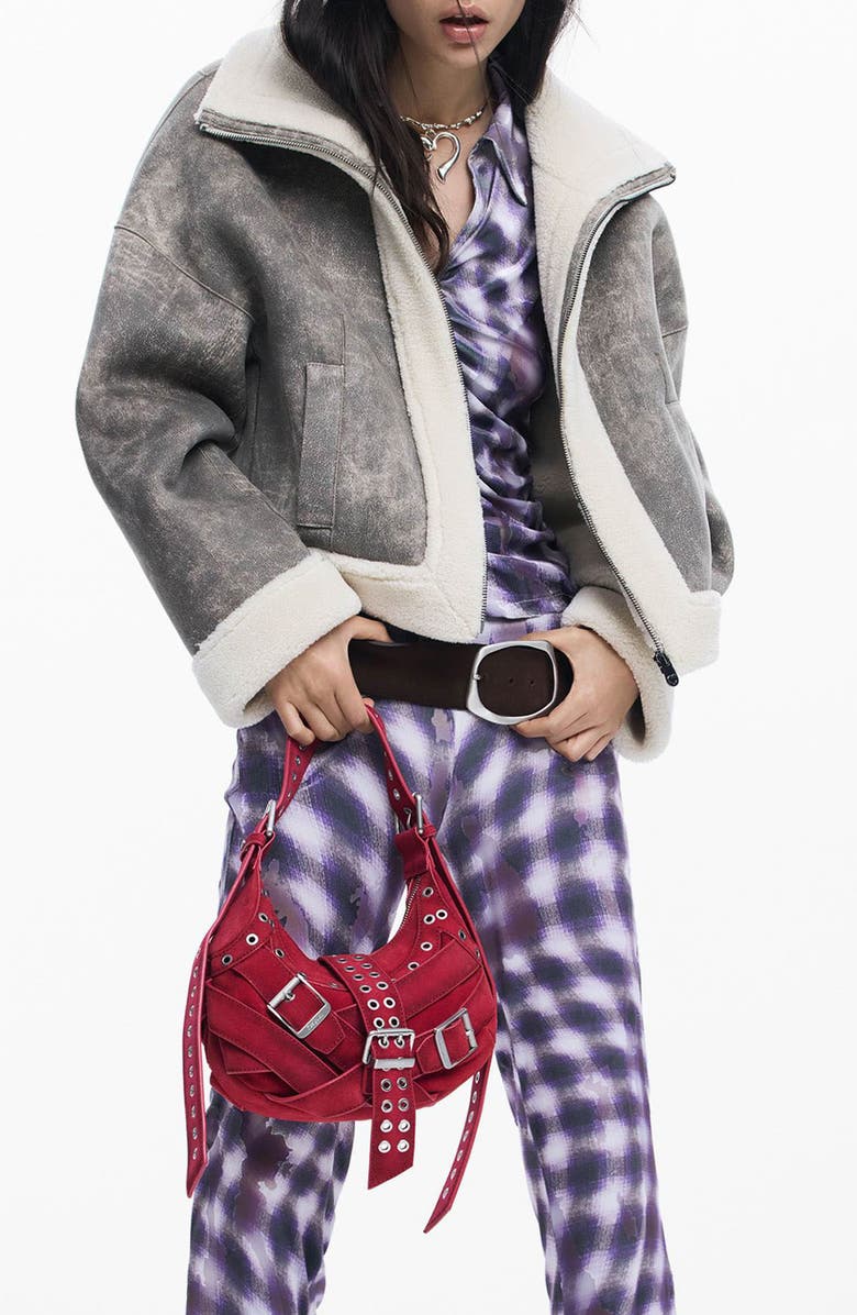 Desigual Mixed Media Faux Leather Jacket with Faux Shearling Trim, Main, color, Beige