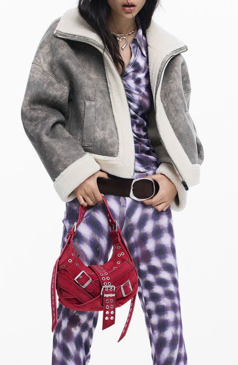 Mixed Media Faux Leather Jacket with Faux Shearling Trim