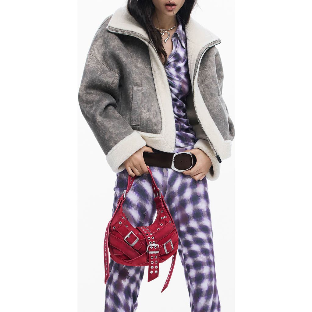 Desigual Mixed Media Faux Leather Jacket With Faux Shearling Trim In Gray