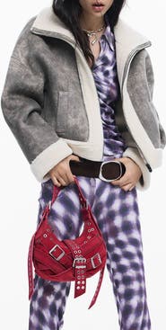 Desigual Mixed Media Faux Leather Jacket with Faux Shearling Trim