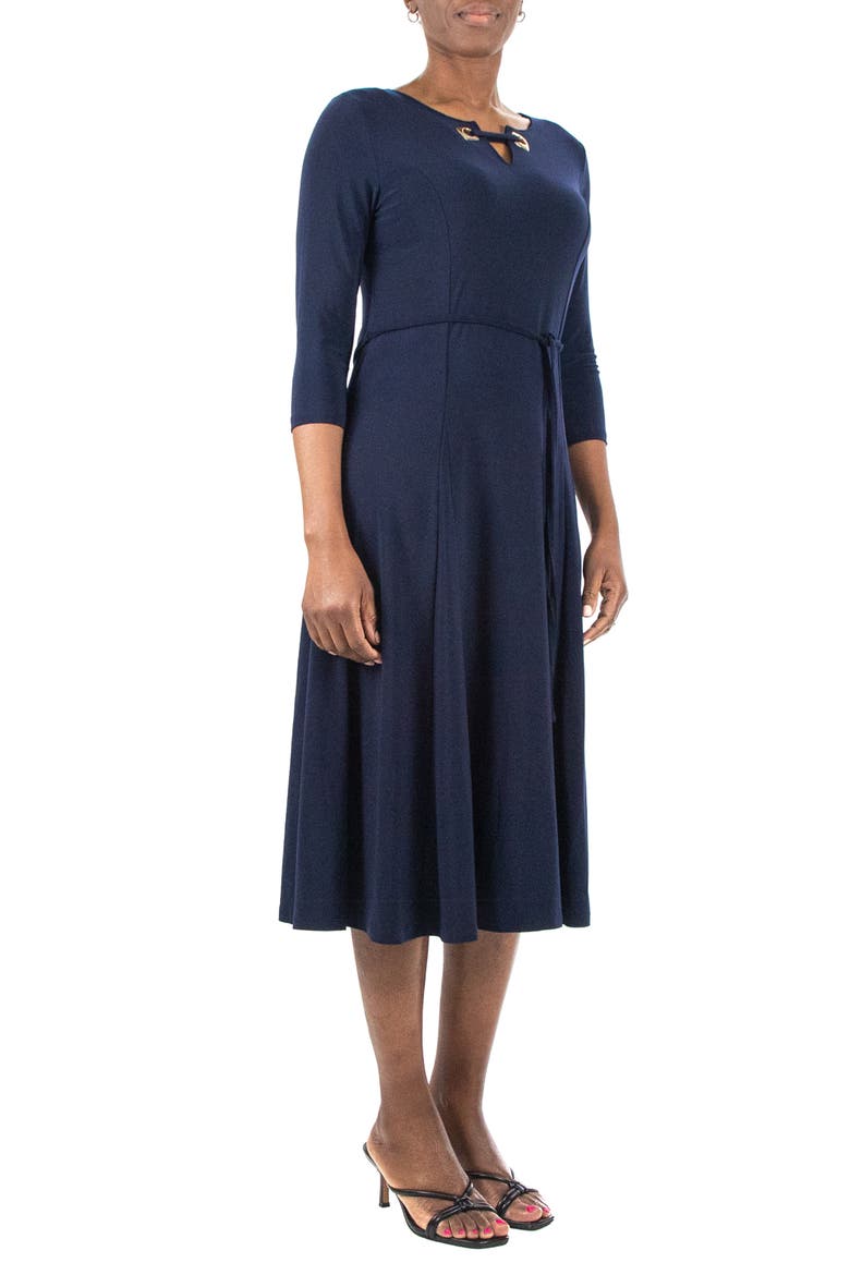Grommet Split Neck A-Line Midi Dress, Alternate, color, NAVY/GOLD