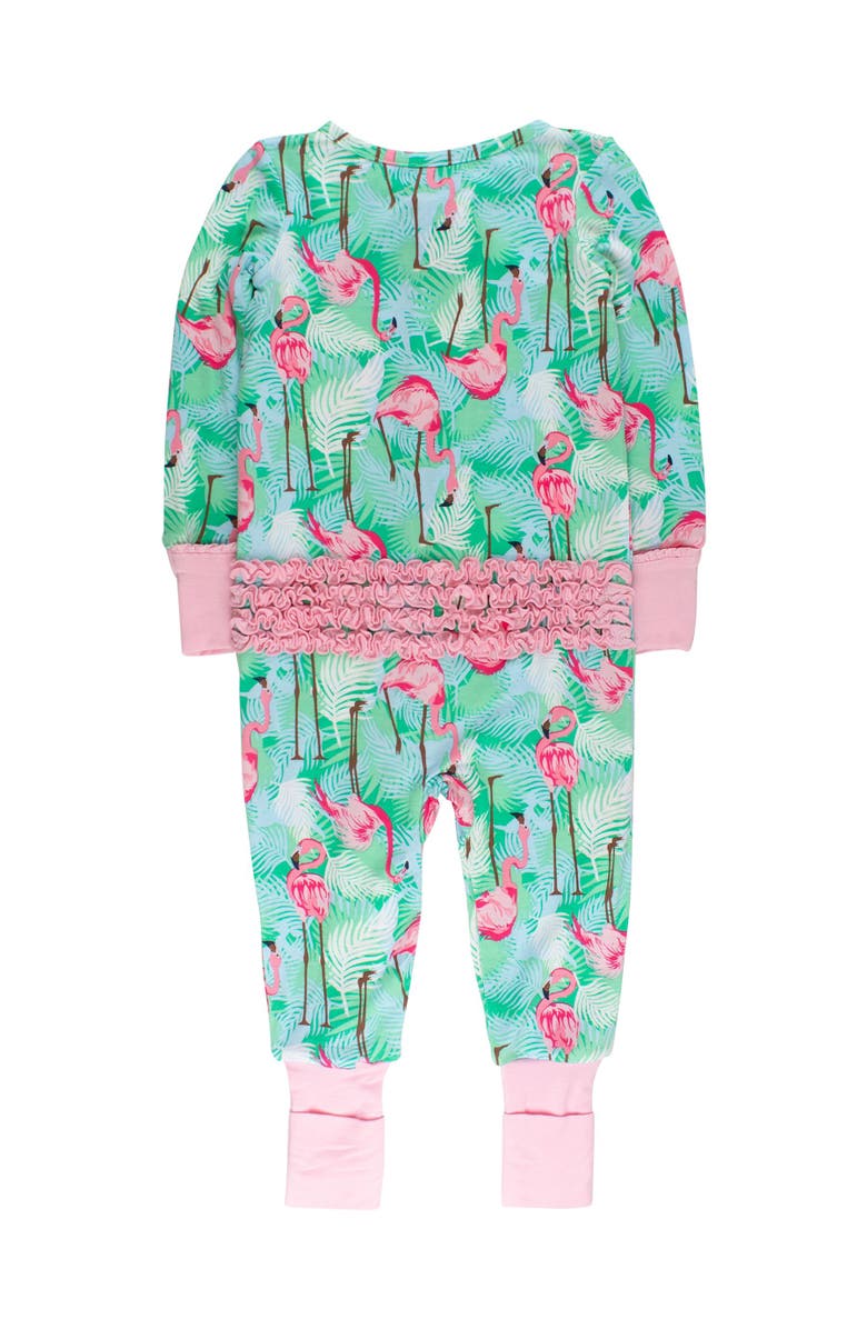 RuffleButts Baby Girls SoftSnooze Convertible Ruffle One Piece Pajama, Alternate, color, Green Vibrant Flamingo
