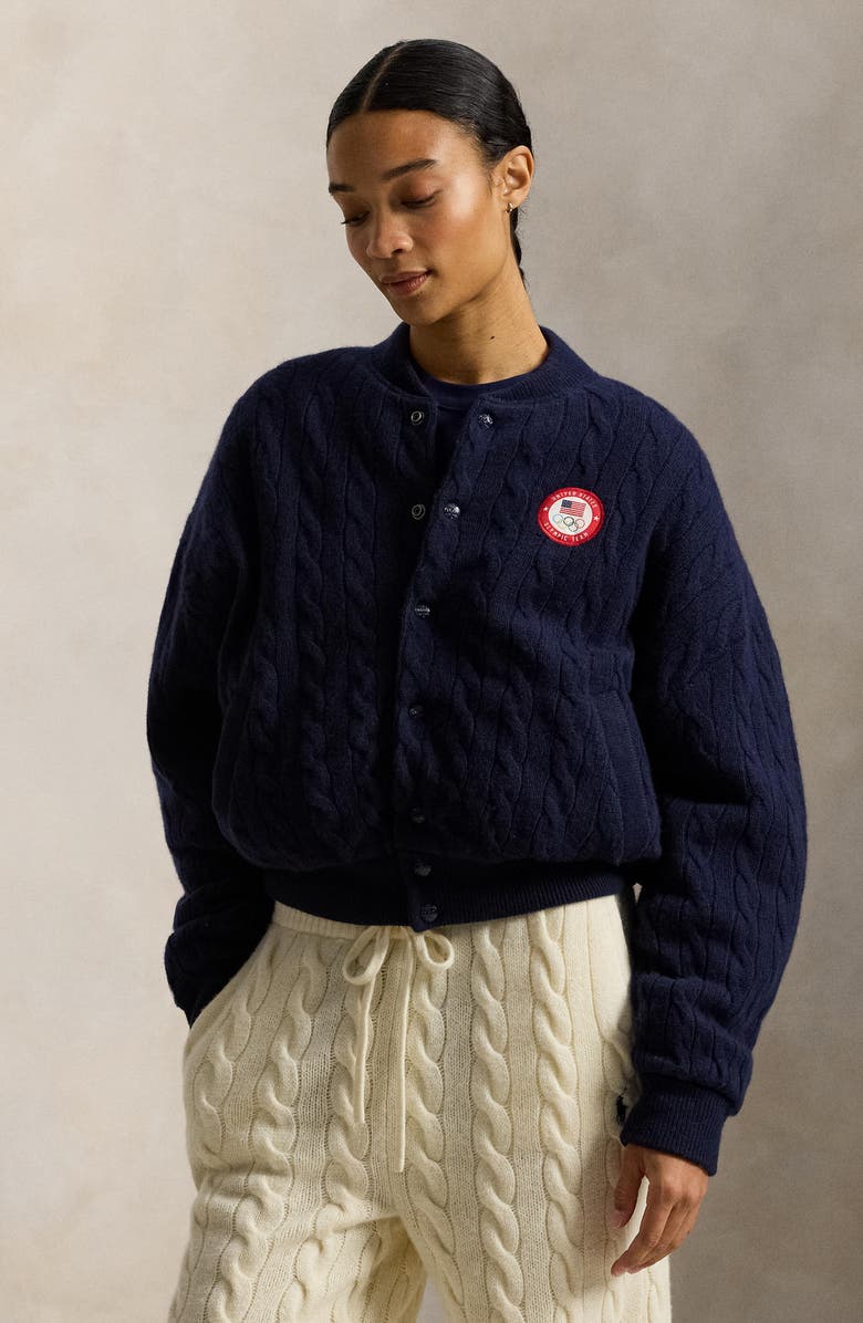 Polo Ralph Lauren Team USA Cable Stitch Wool & Cashmere Bomber Jacket, Alternate, color, Hunter Navy