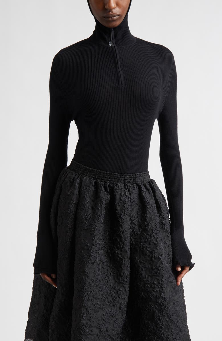 Cecilie Bahnsen Elma Hooded Rib Merino Wool Half Zip Sweater, Main, color, Black Summer Merino Knit