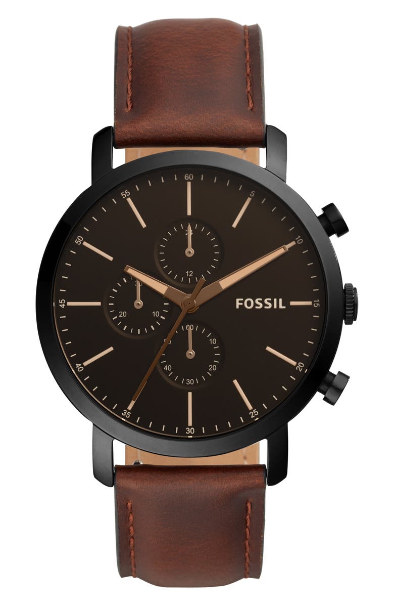Fossil Luther Chronograph Leather Strap Watch, 44mm, Main, color, Brown/ Black