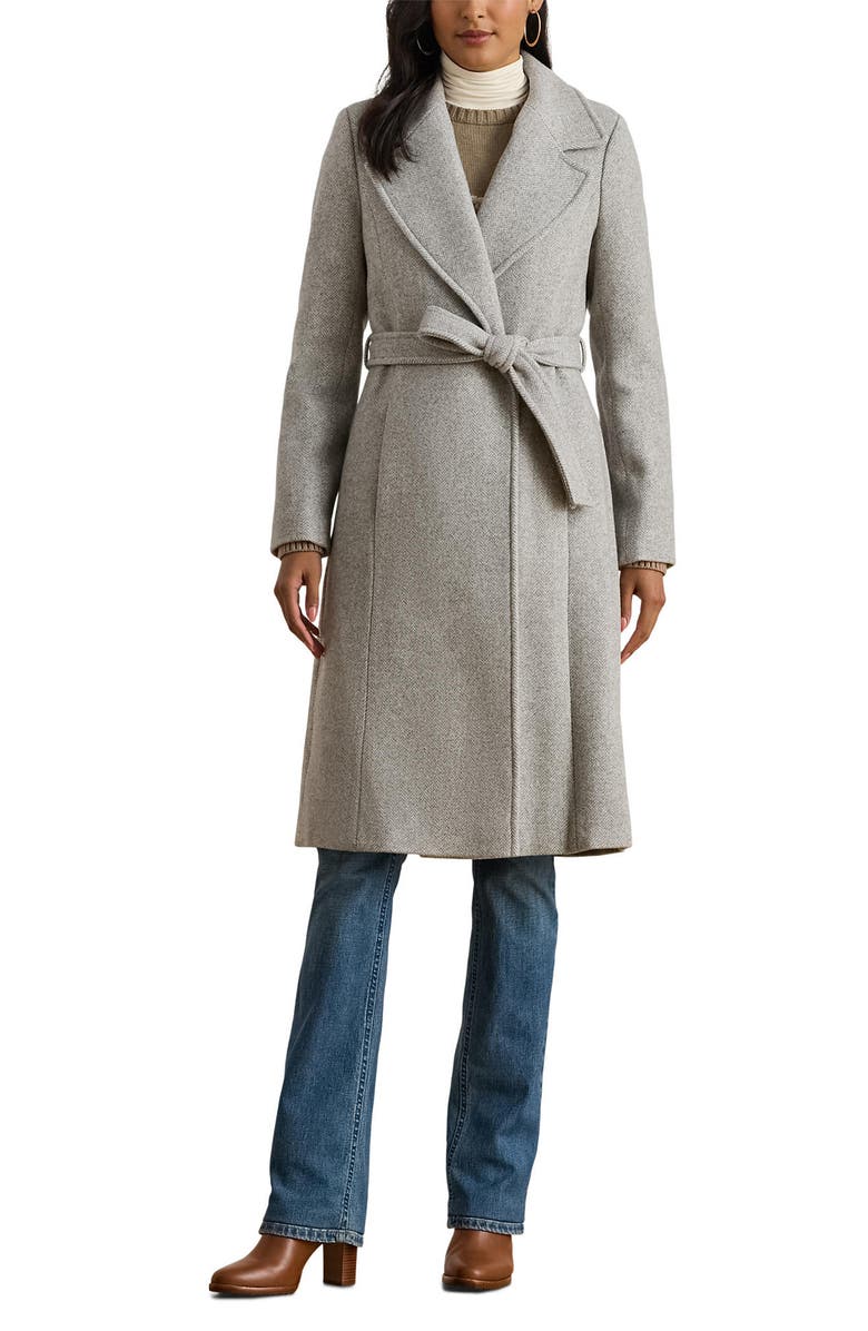 Lauren Ralph Lauren Wrap Longline Coat, Main, color, Grey/ Cream Herringbone