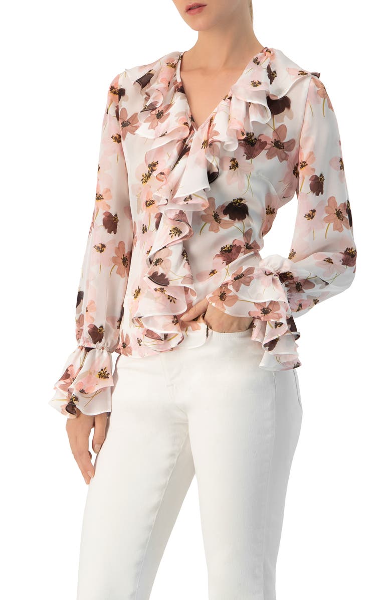 IVONNE Floral V-Neck Blouse with Ruffle Detail, Alternate, color, Multicolor