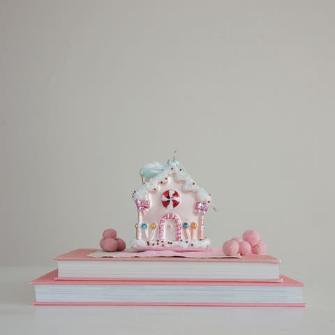 Glass Candy House Ornament with Glitter and Beaded Detail
