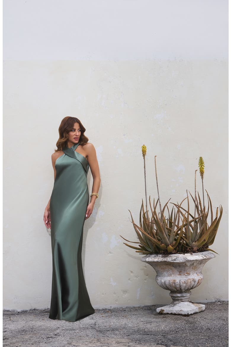 Halter Neck Satin Trumpet Gown, Alternate, color, OLIVE