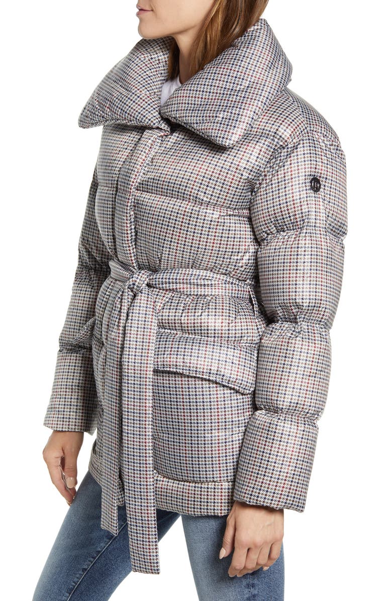 Bernardo Herringbone Print Belted Puffer Coat, Alternate, color, 