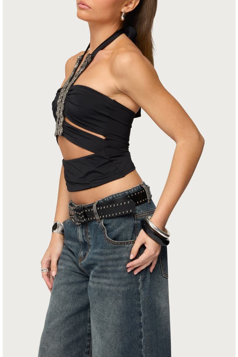 Zola Cutout Beaded Halter Top, Alternate, color, BLACK