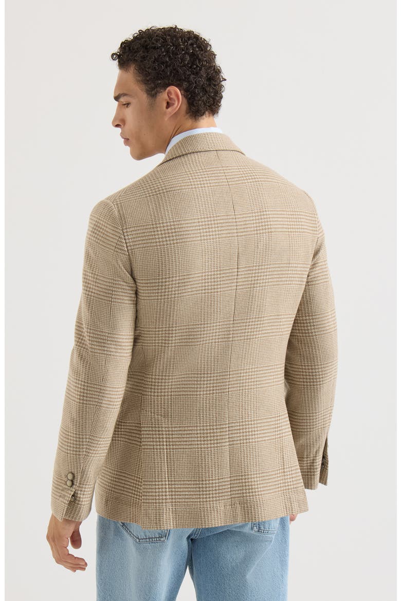 Comfort wool and cashmere Prince of Wales flannel deconstructed blazer with large peak lapels, Alternate, color, Camel
