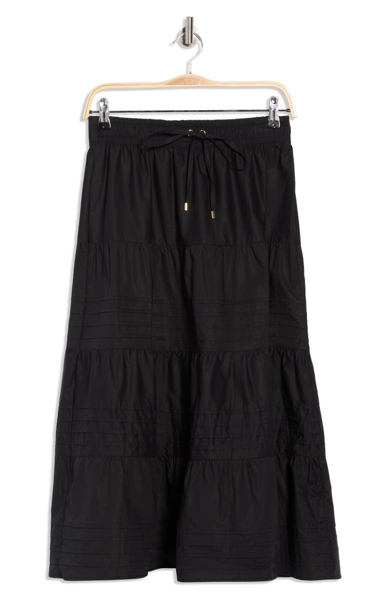 Ellen Tracy Pleated Tiered Cotton Pull-On Skirt, Alternate, color, Black