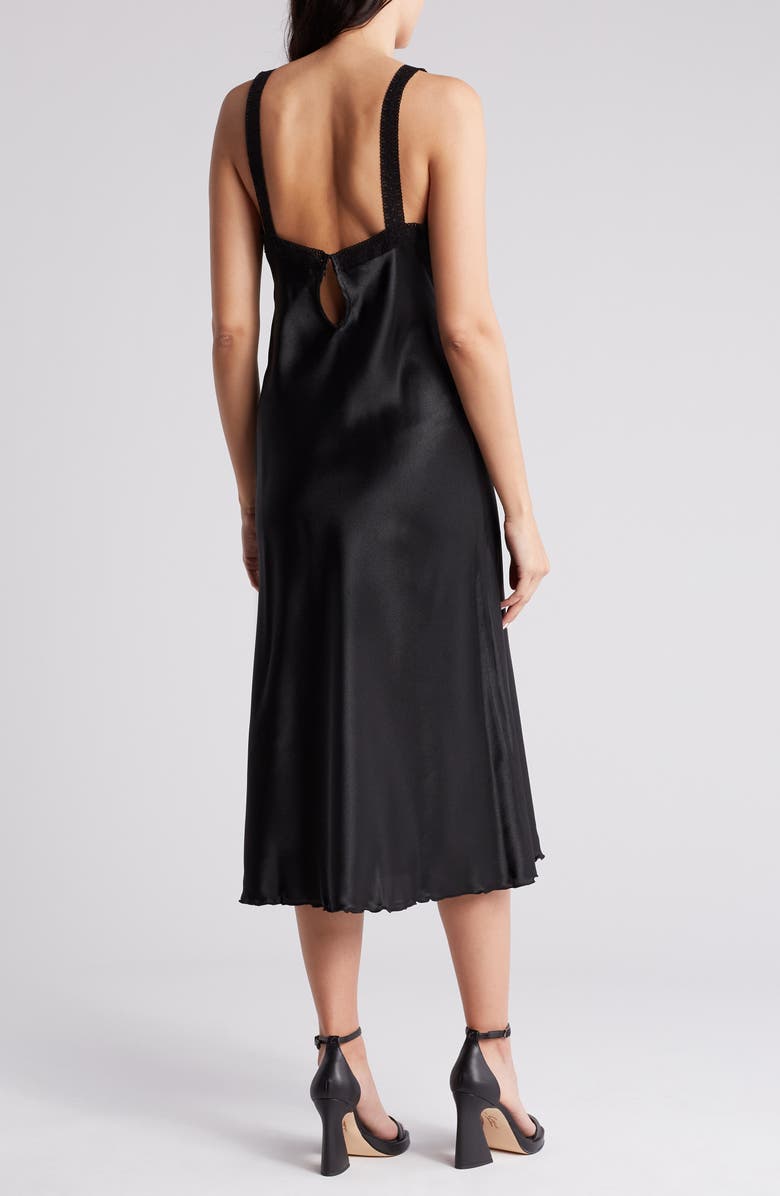 bebe Lace Strap Satin Midi Slipdress, Alternate, color, Black