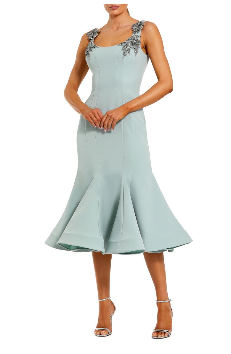 Mac Duggal Sleeveless Midi Dress With Floral Embellishments, Main, color, Seafoam