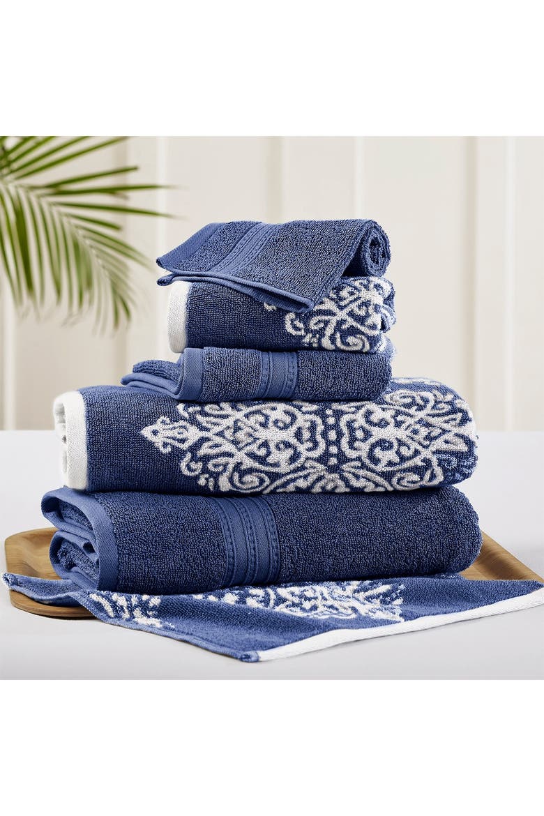 Gray Artesia Damask Reversible Yarn-Dyed Jacquard 6-Piece Towel Set, Alternate, color, INDIGO
